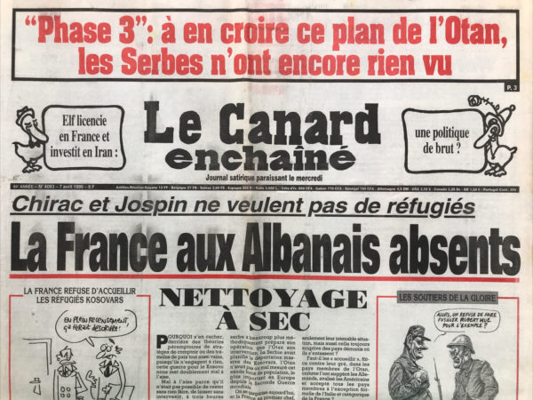 Couac ! | N° 4093 du Canard Enchaîné - 7 Avril 1999 | Nos Exemplaires du Canard Enchaîné sont archivés dans de bonnes conditions de conservation (obscurité, hygrométrie maitrisée et faible température), ce qui s'avère indispensable pour des journaux anciens. | 4093