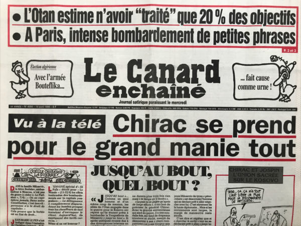 Couac ! | N° 4094 du Canard Enchaîné - 14 Avril 1999 | Nos Exemplaires du Canard Enchaîné sont archivés dans de bonnes conditions de conservation (obscurité, hygrométrie maitrisée et faible température), ce qui s'avère indispensable pour des journaux anciens. | 4094