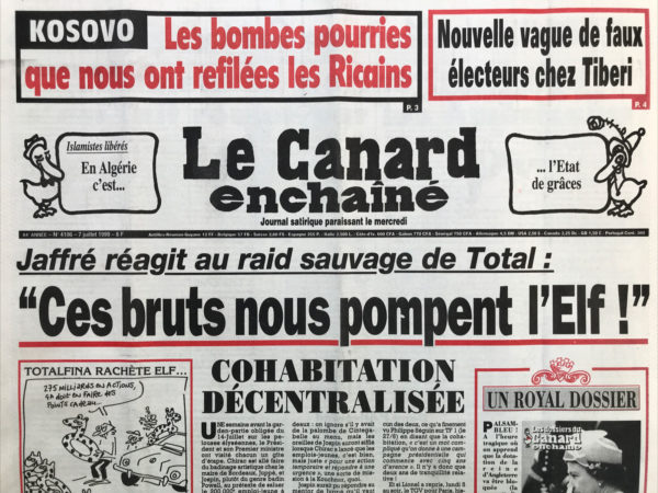 Couac ! | N° 4106 du Canard Enchaîné - 7 Juillet 1999 | Nos Exemplaires du Canard Enchaîné sont archivés dans de bonnes conditions de conservation (obscurité, hygrométrie maitrisée et faible température), ce qui s'avère indispensable pour des journaux anciens. | 4106