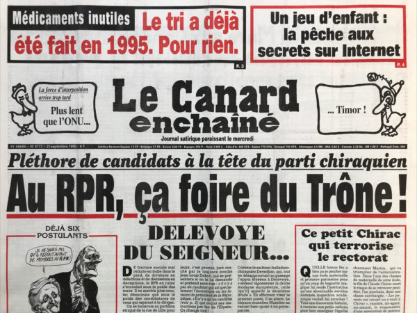 Couac ! | N° 4117 du Canard Enchaîné - 22 Septembre 1999 | Nos Exemplaires du Canard Enchaîné sont archivés dans de bonnes conditions de conservation (obscurité, hygrométrie maitrisée et faible température), ce qui s'avère indispensable pour des journaux anciens. | 4117