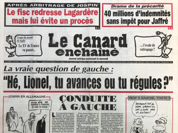 Couac ! | N° 4118 du Canard Enchaîné - 29 Septembre 1999 | Nos Exemplaires du Canard Enchaîné sont archivés dans de bonnes conditions de conservation (obscurité, hygrométrie maitrisée et faible température), ce qui s'avère indispensable pour des journaux anciens. | 4118