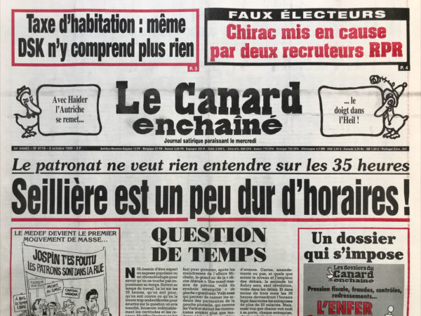 Couac ! | N° 4119 du Canard Enchaîné - 6 Octobre 1999 | Nos Exemplaires du Canard Enchaîné sont archivés dans de bonnes conditions de conservation (obscurité, hygrométrie maitrisée et faible température), ce qui s'avère indispensable pour des journaux anciens. | 4119