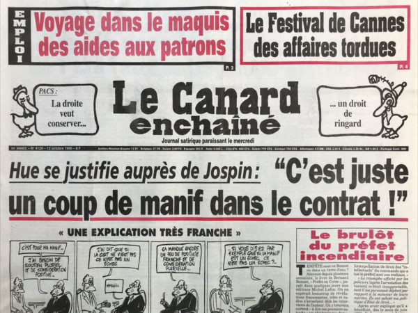 Couac ! | N° 4120 du Canard Enchaîné - 13 Octobre 1999 | Nos Exemplaires du Canard Enchaîné sont archivés dans de bonnes conditions de conservation (obscurité, hygrométrie maitrisée et faible température), ce qui s'avère indispensable pour des journaux anciens. | 4120