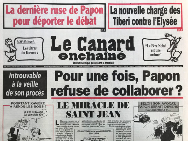 Couac ! | N° 4121 du Canard Enchaîné - 20 Octobre 1999 | Nos Exemplaires du Canard Enchaîné sont archivés dans de bonnes conditions de conservation (obscurité, hygrométrie maitrisée et faible température), ce qui s'avère indispensable pour des journaux anciens. | 4121