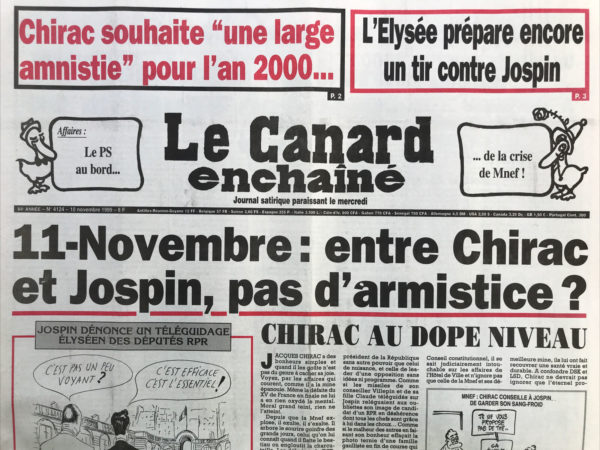 Couac ! | N° 4124 du Canard Enchaîné - 10 Novembre 1999 | Nos Exemplaires du Canard Enchaîné sont archivés dans de bonnes conditions de conservation (obscurité, hygrométrie maitrisée et faible température), ce qui s'avère indispensable pour des journaux anciens. | 4124