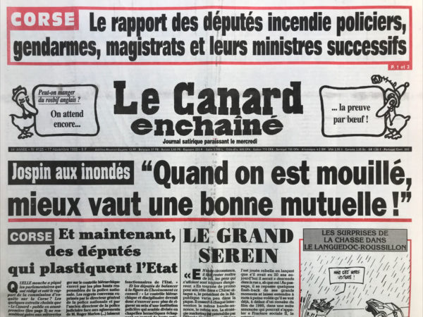 Couac ! | N° 4125 du Canard Enchaîné - 17 Novembre 1999 | Nos Exemplaires du Canard Enchaîné sont archivés dans de bonnes conditions de conservation (obscurité, hygrométrie maitrisée et faible température), ce qui s'avère indispensable pour des journaux anciens. | 4125