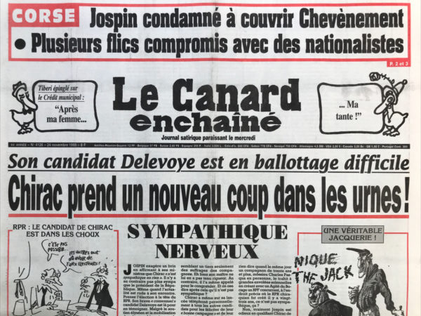 Couac ! | N° 4126 du Canard Enchaîné - 24 Novembre 1999 | Nos Exemplaires du Canard Enchaîné sont archivés dans de bonnes conditions de conservation (obscurité, hygrométrie maitrisée et faible température), ce qui s'avère indispensable pour des journaux anciens. | 4126