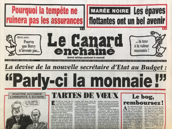 Couac ! | N° 4132 du Canard Enchaîné - 5 Janvier 2000 | Nos Exemplaires du Canard Enchaîné sont archivés dans de bonnes conditions de conservation (obscurité, hygrométrie maitrisée et faible température), ce qui s'avère indispensable pour des journaux anciens. | 4132