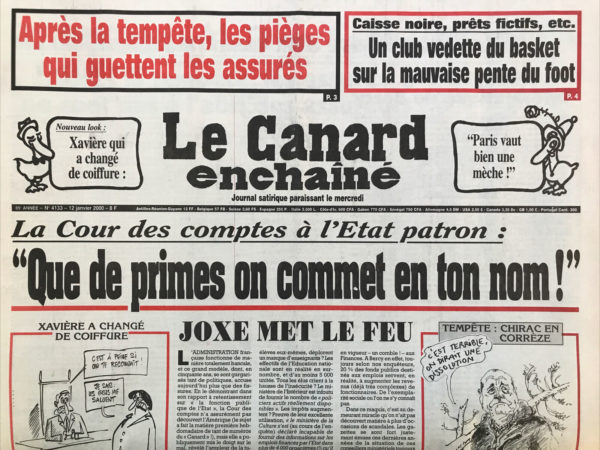 Couac ! | N° 4133 du Canard Enchaîné - 12 Janvier 2000 | Nos Exemplaires du Canard Enchaîné sont archivés dans de bonnes conditions de conservation (obscurité, hygrométrie maitrisée et faible température), ce qui s'avère indispensable pour des journaux anciens. | 4133