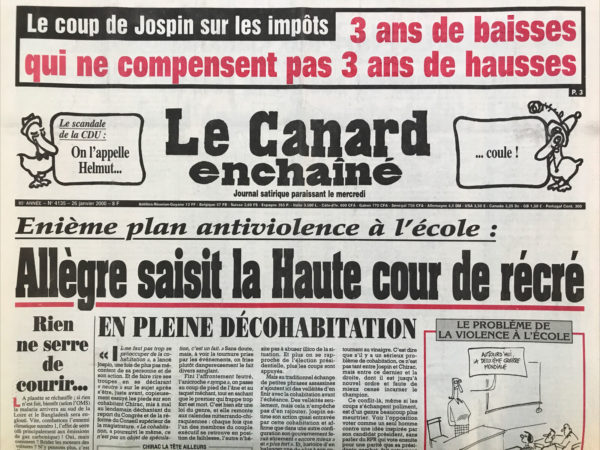 Couac ! | N° 4135 du Canard Enchaîné - 26 Janvier 2000 | Nos Exemplaires du Canard Enchaîné sont archivés dans de bonnes conditions de conservation (obscurité, hygrométrie maitrisée et faible température), ce qui s'avère indispensable pour des journaux anciens. | 4135