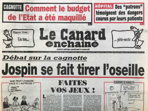 Couac ! | N° 4137 du Canard Enchaîné - 9 Février 2000 | Nos Exemplaires du Canard Enchaîné sont archivés dans de bonnes conditions de conservation (obscurité, hygrométrie maitrisée et faible température), ce qui s'avère indispensable pour des journaux anciens. | 4137