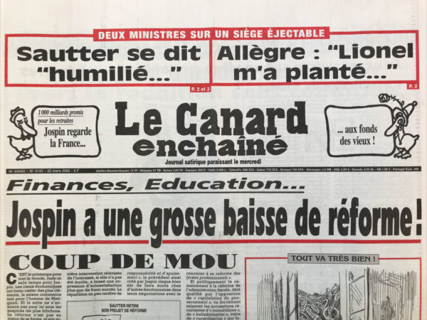 Couac ! | N° 4143 du Canard Enchaîné - 22 Mars 2000 | Nos Exemplaires du Canard Enchaîné sont archivés dans de bonnes conditions de conservation (obscurité, hygrométrie maitrisée et faible température), ce qui s'avère indispensable pour des journaux anciens. | 4143