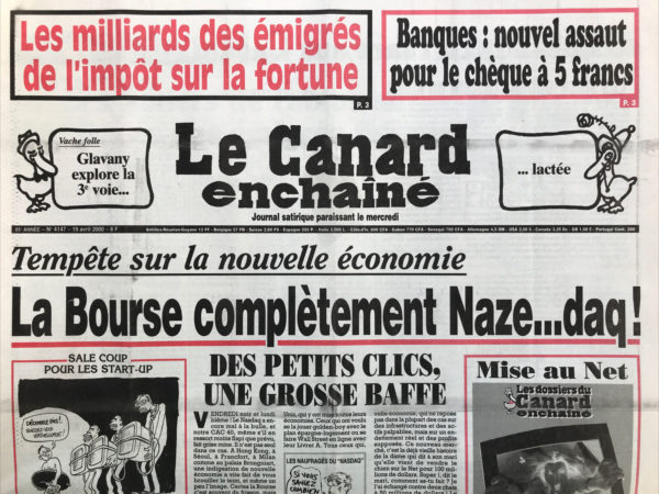 Couac ! | N° 4147 du Canard Enchaîné - 19 Avril 2000 | Nos Exemplaires du Canard Enchaîné sont archivés dans de bonnes conditions de conservation (obscurité, hygrométrie maitrisée et faible température), ce qui s'avère indispensable pour des journaux anciens. | 4147