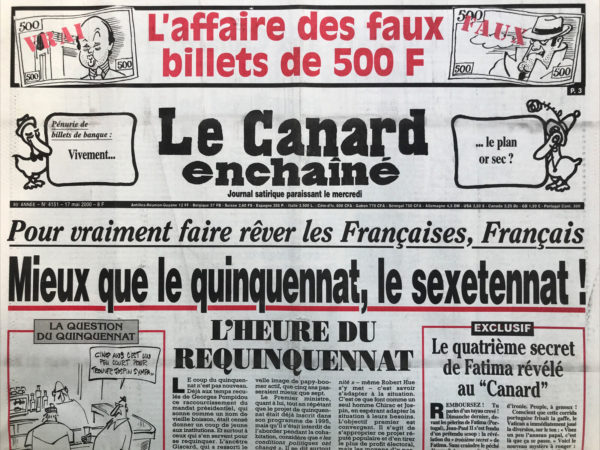 Couac ! | N° 4151 du Canard Enchaîné - 17 Mai 2000 | Nos Exemplaires du Canard Enchaîné sont archivés dans de bonnes conditions de conservation (obscurité, hygrométrie maitrisée et faible température), ce qui s'avère indispensable pour des journaux anciens. | 4151