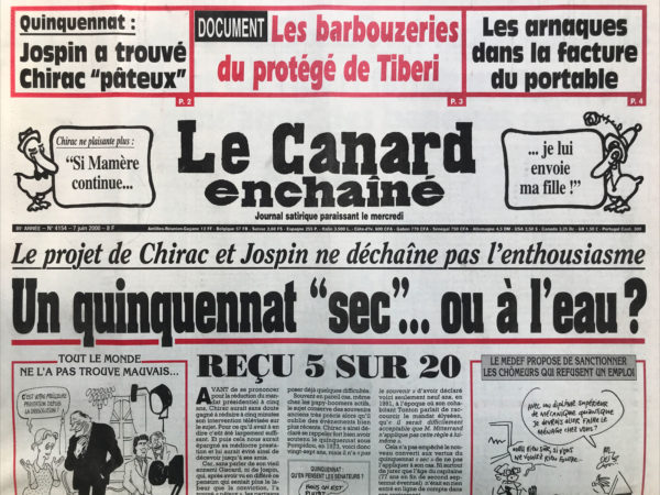 Couac ! | N° 4154 du Canard Enchaîné - 7 Juin 2000 | Nos Exemplaires du Canard Enchaîné sont archivés dans de bonnes conditions de conservation (obscurité, hygrométrie maitrisée et faible température), ce qui s'avère indispensable pour des journaux anciens. | 4154