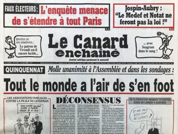 Couac ! | N° 4156 du Canard Enchaîné - 21 Juin 2000 | Nos Exemplaires du Canard Enchaîné sont archivés dans de bonnes conditions de conservation (obscurité, hygrométrie maitrisée et faible température), ce qui s'avère indispensable pour des journaux anciens. | 4156