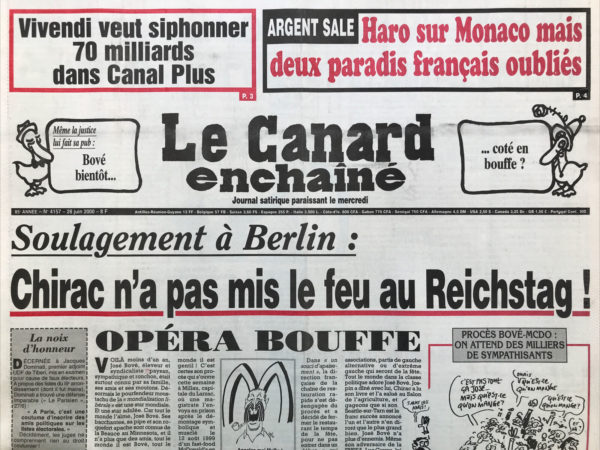 Couac ! | N° 4157 du Canard Enchaîné - 28 Juin 2000 | Nos Exemplaires du Canard Enchaîné sont archivés dans de bonnes conditions de conservation (obscurité, hygrométrie maitrisée et faible température), ce qui s'avère indispensable pour des journaux anciens. | 4157