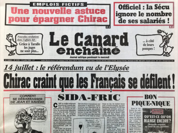 Couac ! | N° 4159 du Canard Enchaîné - 12 Juillet 2000 | Nos Exemplaires du Canard Enchaîné sont archivés dans de bonnes conditions de conservation (obscurité, hygrométrie maitrisée et faible température), ce qui s'avère indispensable pour des journaux anciens. | 4159