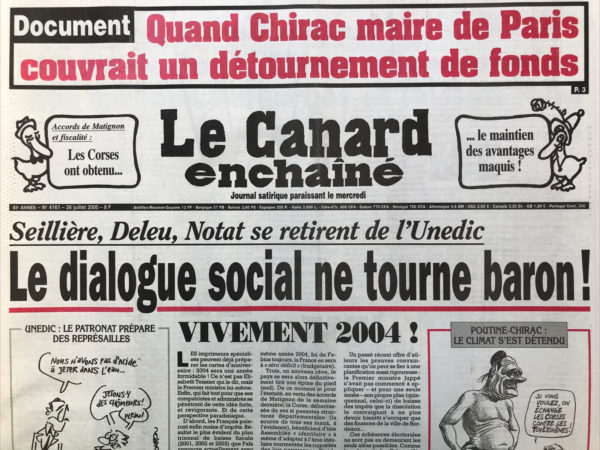 Couac ! | N° 4161 du Canard Enchaîné - 26 Juillet 2000 | Nos Exemplaires du Canard Enchaîné sont archivés dans de bonnes conditions de conservation (obscurité, hygrométrie maitrisée et faible température), ce qui s'avère indispensable pour des journaux anciens. | 4161