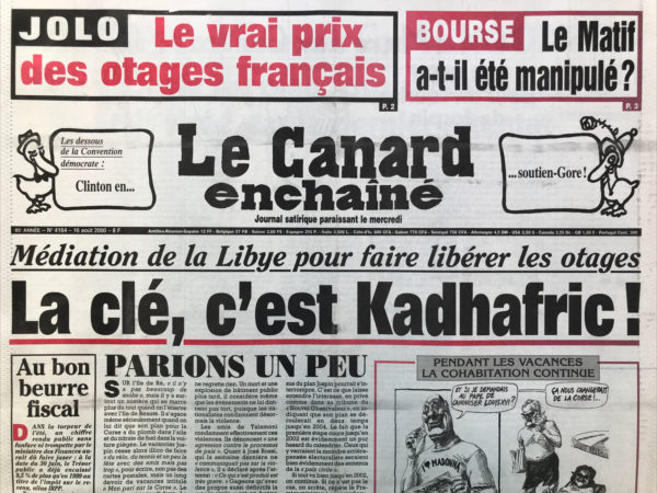 Couac ! | N° 4164 du Canard Enchaîné - 16 Août 2000 | Nos Exemplaires du Canard Enchaîné sont archivés dans de bonnes conditions de conservation (obscurité, hygrométrie maitrisée et faible température), ce qui s'avère indispensable pour des journaux anciens. | 4164