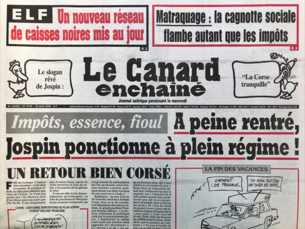 Couac ! | N° 4165 du Canard Enchaîné - 23 Août 2000 | Nos Exemplaires du Canard Enchaîné sont archivés dans de bonnes conditions de conservation (obscurité, hygrométrie maitrisée et faible température), ce qui s'avère indispensable pour des journaux anciens. | 4165