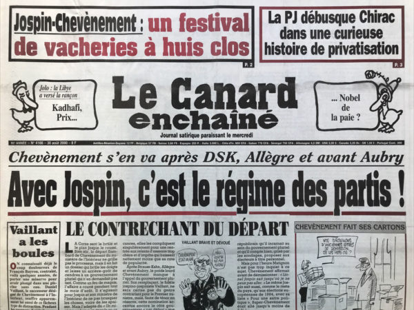 Couac ! | N° 4166 du Canard Enchaîné - 30 Août 2000 | Nos Exemplaires du Canard Enchaîné sont archivés dans de bonnes conditions de conservation (obscurité, hygrométrie maitrisée et faible température), ce qui s'avère indispensable pour des journaux anciens. | 4166