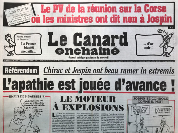 Couac ! | N° 4169 du Canard Enchaîné - 20 Septembre 2000 | Nos Exemplaires du Canard Enchaîné sont archivés dans de bonnes conditions de conservation (obscurité, hygrométrie maitrisée et faible température), ce qui s'avère indispensable pour des journaux anciens. | 4169