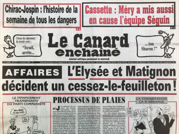 Couac ! | N° 4171 du Canard Enchaîné - 4 Octobre 2000 | Nos Exemplaires du Canard Enchaîné sont archivés dans de bonnes conditions de conservation (obscurité, hygrométrie maitrisée et faible température), ce qui s'avère indispensable pour des journaux anciens. | 4171