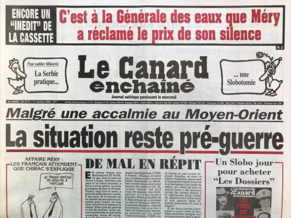 Couac ! | N° 4172 du Canard Enchaîné - 11 Octobre 2000 | Nos Exemplaires du Canard Enchaîné sont archivés dans de bonnes conditions de conservation (obscurité, hygrométrie maitrisée et faible température), ce qui s'avère indispensable pour des journaux anciens. | 4172