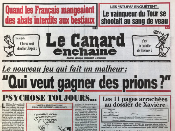 Couac ! | N° 4176 du Canard Enchaîné - 8 Novembre 2000 | Nos Exemplaires du Canard Enchaîné sont archivés dans de bonnes conditions de conservation (obscurité, hygrométrie maitrisée et faible température), ce qui s'avère indispensable pour des journaux anciens. | 4176