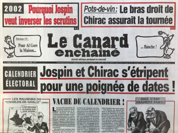 Couac ! | N° 4179 du Canard Enchaîné - 29 Novembre 2000 | Nos Exemplaires du Canard Enchaîné sont archivés dans de bonnes conditions de conservation (obscurité, hygrométrie maitrisée et faible température), ce qui s'avère indispensable pour des journaux anciens. | 4179