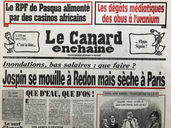 Couac ! | N° 4185 du Canard Enchaîné - 10 Janvier 2001 | Nos Exemplaires du Canard Enchaîné sont archivés dans de bonnes conditions de conservation (obscurité, hygrométrie maitrisée et faible température), ce qui s'avère indispensable pour des journaux anciens. | 4185