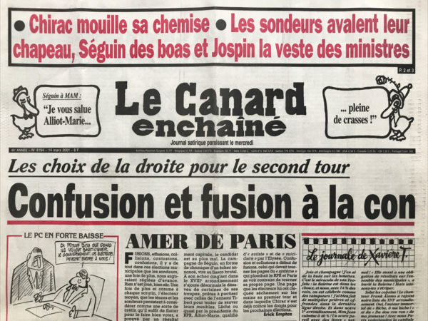 Couac ! | N° 4194 du Canard Enchaîné - 14 Mars 2001 | Nos Exemplaires du Canard Enchaîné sont archivés dans de bonnes conditions de conservation (obscurité, hygrométrie maitrisée et faible température), ce qui s'avère indispensable pour des journaux anciens. | 4194