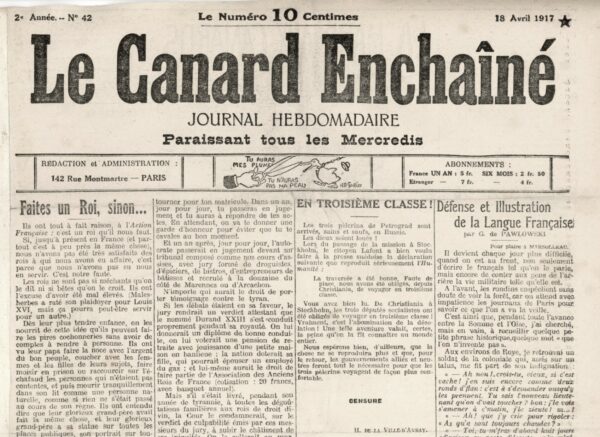 Couac ! | N° 42 du Canard Enchaîné - 18 Avril 1917 | Aux quatre coin-coins du "Canard", Le rire est le propre de l'homme (L'autre), ...Mais le sourire est le propre du "Canard" (Nous). Une lamentable histoire, par Rodolphe Bringer -  R. Bringer, natif de Pierrelatte, dit Gonfle-Bouffigues, anima durant de longues années, par sa gaîté et sa verve méridionales, les réunions du "Canard" - et le "Canard" lui-même. | 42 4