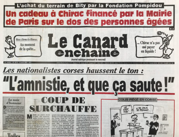 Couac ! | N° 4215 du Canard Enchaîné - 8 Août 2001 | Nos Exemplaires du Canard Enchaîné sont archivés dans de bonnes conditions de conservation (obscurité, hygrométrie maitrisée et faible température), ce qui s'avère indispensable pour des journaux anciens. | 4215