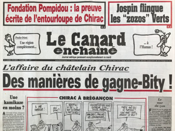 Couac ! | N° 4216 du Canard Enchaîné - 15 Août 2001 | Nos Exemplaires du Canard Enchaîné sont archivés dans de bonnes conditions de conservation (obscurité, hygrométrie maitrisée et faible température), ce qui s'avère indispensable pour des journaux anciens. | 4216