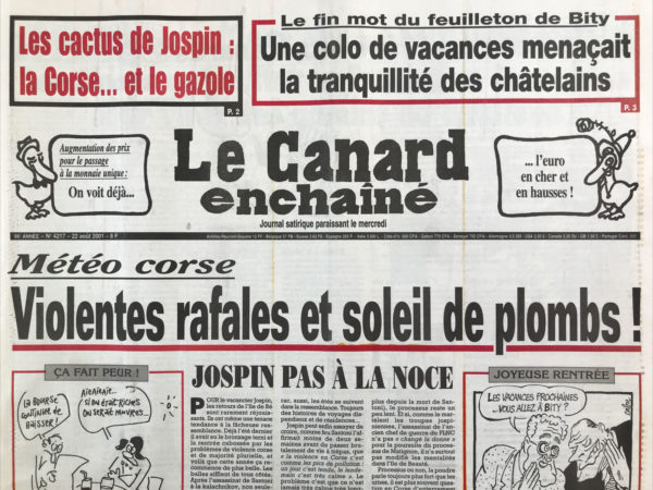 Couac ! | N° 4217 du Canard Enchaîné - 22 Août 2001 | Nos Exemplaires du Canard Enchaîné sont archivés dans de bonnes conditions de conservation (obscurité, hygrométrie maitrisée et faible température), ce qui s'avère indispensable pour des journaux anciens. | 4217