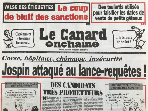 Couac ! | N° 4219 du Canard Enchaîné - 5 Septembre 2001 | Nos Exemplaires du Canard Enchaîné sont archivés dans de bonnes conditions de conservation (obscurité, hygrométrie maitrisée et faible température), ce qui s'avère indispensable pour des journaux anciens. | 4219