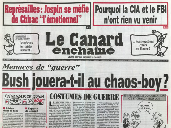 Couac ! | N° 4221 du Canard Enchaîné - 19 Septembre 2001 | Nos Exemplaires du Canard Enchaîné sont archivés dans de bonnes conditions de conservation (obscurité, hygrométrie maitrisée et faible température), ce qui s'avère indispensable pour des journaux anciens. | 4221