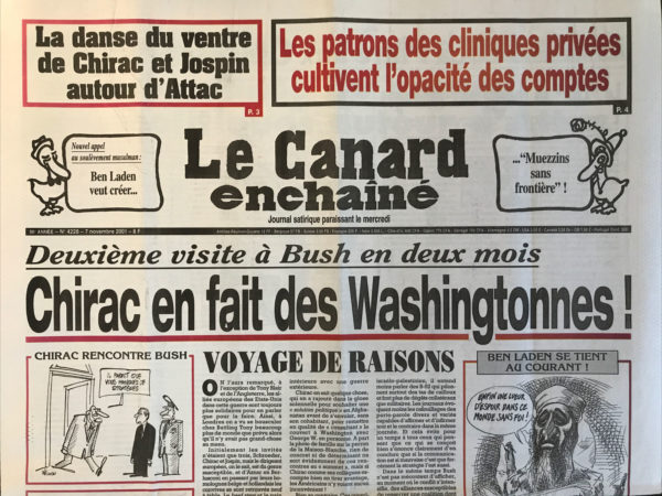 Couac ! | N° 4228 du Canard Enchaîné - 7 Novembre 2001 | Nos Exemplaires du Canard Enchaîné sont archivés dans de bonnes conditions de conservation (obscurité, hygrométrie maitrisée et faible température), ce qui s'avère indispensable pour des journaux anciens. | 4228