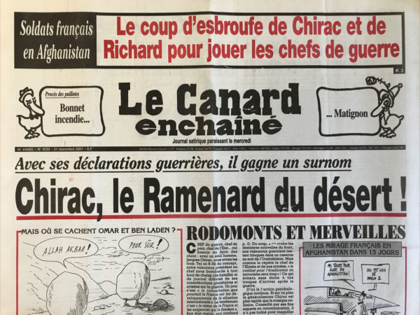 Couac ! | N° 4230 du Canard Enchaîné - 21 Novembre 2001 | Nos Exemplaires du Canard Enchaîné sont archivés dans de bonnes conditions de conservation (obscurité, hygrométrie maitrisée et faible température), ce qui s'avère indispensable pour des journaux anciens. | 4230