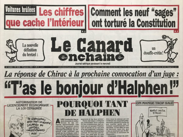 Couac ! | N° 4238 du Canard Enchaîné - 16 Janvier 2002 | Nos Exemplaires du Canard Enchaîné sont archivés dans de bonnes conditions de conservation (obscurité, hygrométrie maitrisée et faible température), ce qui s'avère indispensable pour des journaux anciens. | 4238