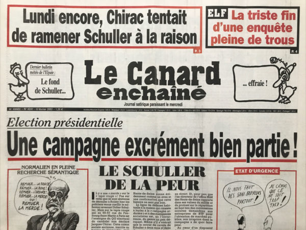 Couac ! | N° 4241 du Canard Enchaîné - 6 Février 2002 | Nos Exemplaires du Canard Enchaîné sont archivés dans de bonnes conditions de conservation (obscurité, hygrométrie maitrisée et faible température), ce qui s'avère indispensable pour des journaux anciens. | 4241