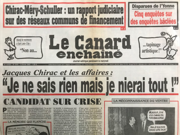 Couac ! | N° 4242 du Canard Enchaîné - 13 Février 2002 | Nos Exemplaires du Canard Enchaîné sont archivés dans de bonnes conditions de conservation (obscurité, hygrométrie maitrisée et faible température), ce qui s'avère indispensable pour des journaux anciens. | 4242