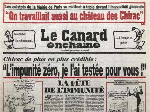 Couac ! | N° 4243 du Canard Enchaîné - 20 Février 2002 | Nos Exemplaires du Canard Enchaîné sont archivés dans de bonnes conditions de conservation (obscurité, hygrométrie maitrisée et faible température), ce qui s'avère indispensable pour des journaux anciens. | 4243