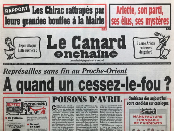 Couac ! | N° 4249 du Canard Enchaîné - 3 Avril 2002 | Nos Exemplaires du Canard Enchaîné sont archivés dans de bonnes conditions de conservation (obscurité, hygrométrie maitrisée et faible température), ce qui s'avère indispensable pour des journaux anciens. | 4249