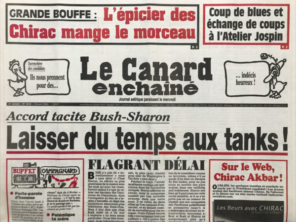 Couac ! | N° 4250 du Canard Enchaîné - 10 Avril 2002 | Nos Exemplaires du Canard Enchaîné sont archivés dans de bonnes conditions de conservation (obscurité, hygrométrie maitrisée et faible température), ce qui s'avère indispensable pour des journaux anciens. | 4250