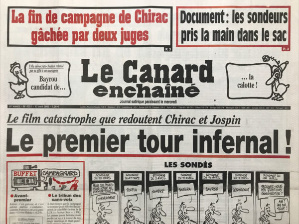 Couac ! | N° 4251 du Canard Enchaîné - 17 Avril 2002 | Nos Exemplaires du Canard Enchaîné sont archivés dans de bonnes conditions de conservation (obscurité, hygrométrie maitrisée et faible température), ce qui s'avère indispensable pour des journaux anciens. | 4251