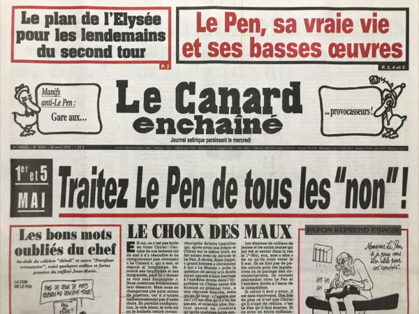 Couac ! | N° 4253 du Canard Enchaîné - 30 Avril 2002 | Nos Exemplaires du Canard Enchaîné sont archivés dans de bonnes conditions de conservation (obscurité, hygrométrie maitrisée et faible température), ce qui s'avère indispensable pour des journaux anciens. | 4253