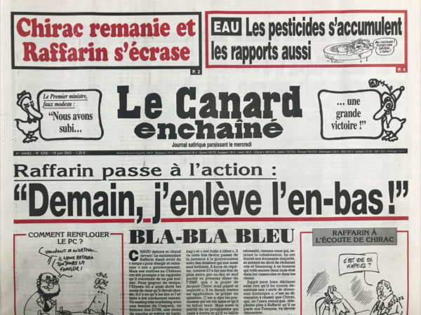 Couac ! | N° 4260 du Canard Enchaîné - 19 Juin 2002 | Nos Exemplaires du Canard Enchaîné sont archivés dans de bonnes conditions de conservation (obscurité, hygrométrie maitrisée et faible température), ce qui s'avère indispensable pour des journaux anciens. | 4260